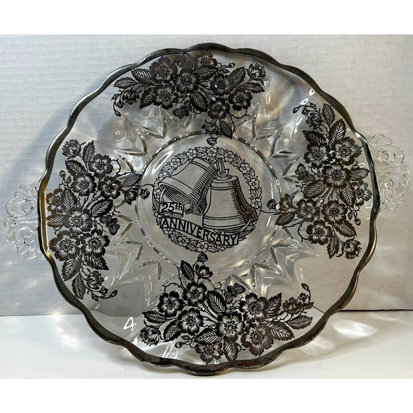 Silver City 25th Anniversary Glass Handled W/Silver Floral Overlay Cake Plate - Picture 1 of 5